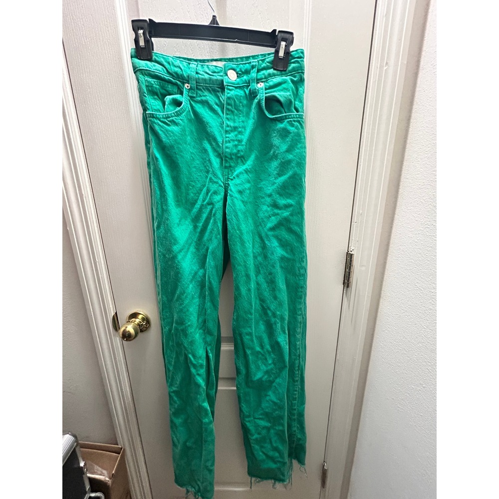Zara Green Straight Leg Jeans Women's US 2 Raw Hem High Rise Denim